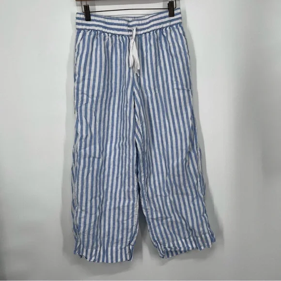 J. Crew Blue White Stripe Linen Wide Leg Cropped Pants - Picture 2 of 7